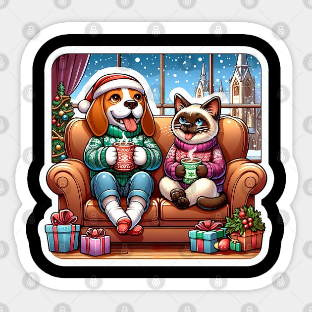 Most Wonderful Time Of The Year Beagle Dog Siamese Cat Ugly Christmas Sweater Hot Chocolate Home Let It Snow Sticker by Plushism